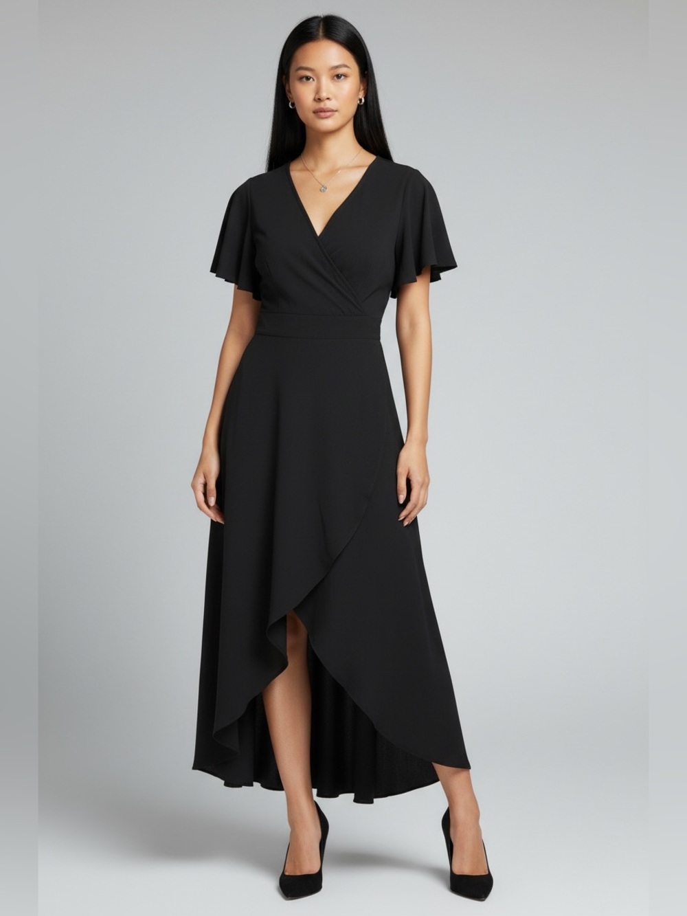 Black Flutter-Sleeve Wrap Midi Dress - Women